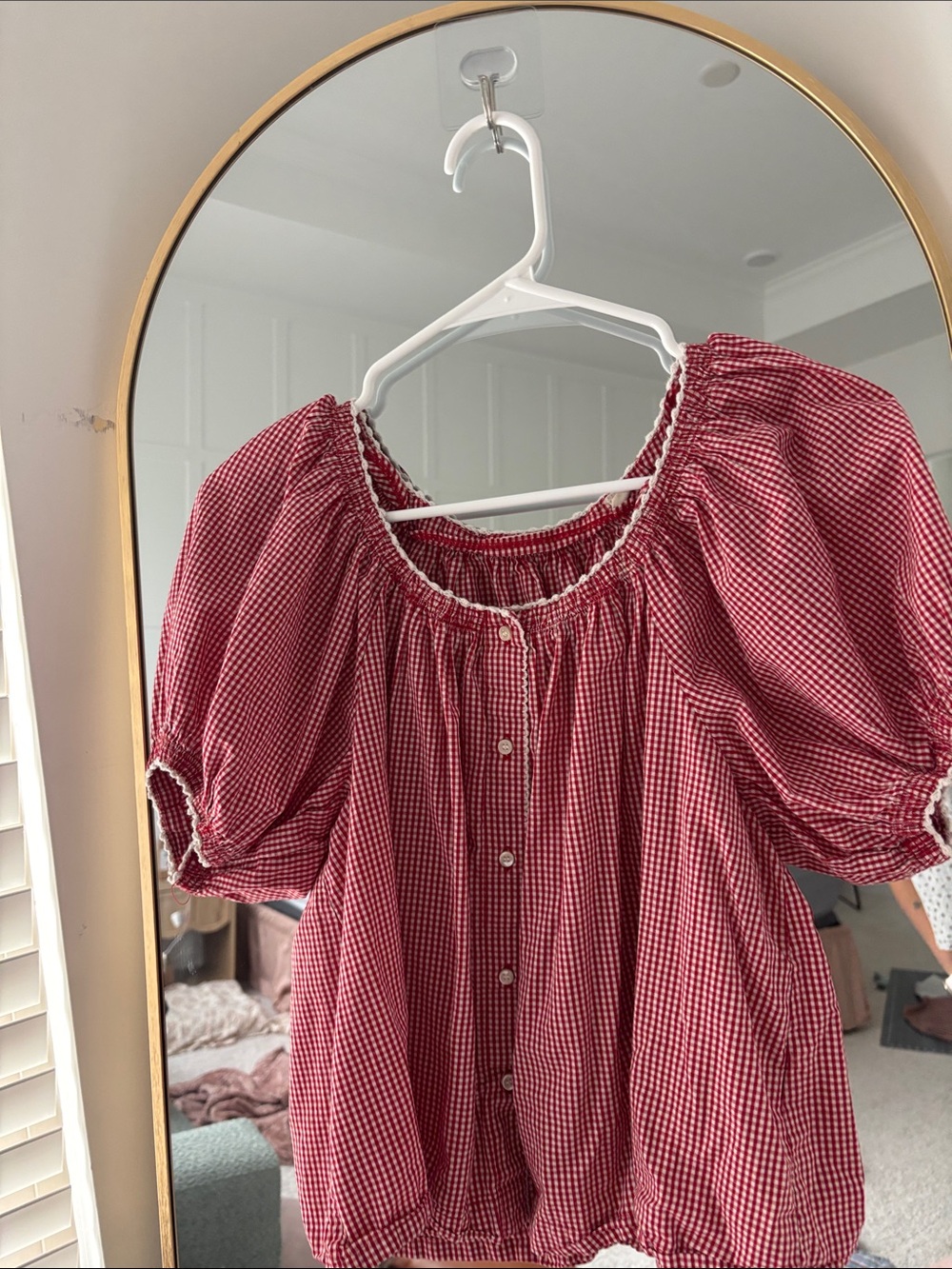 Doen Red Gingham Puff Sleeve Button Front Blouse